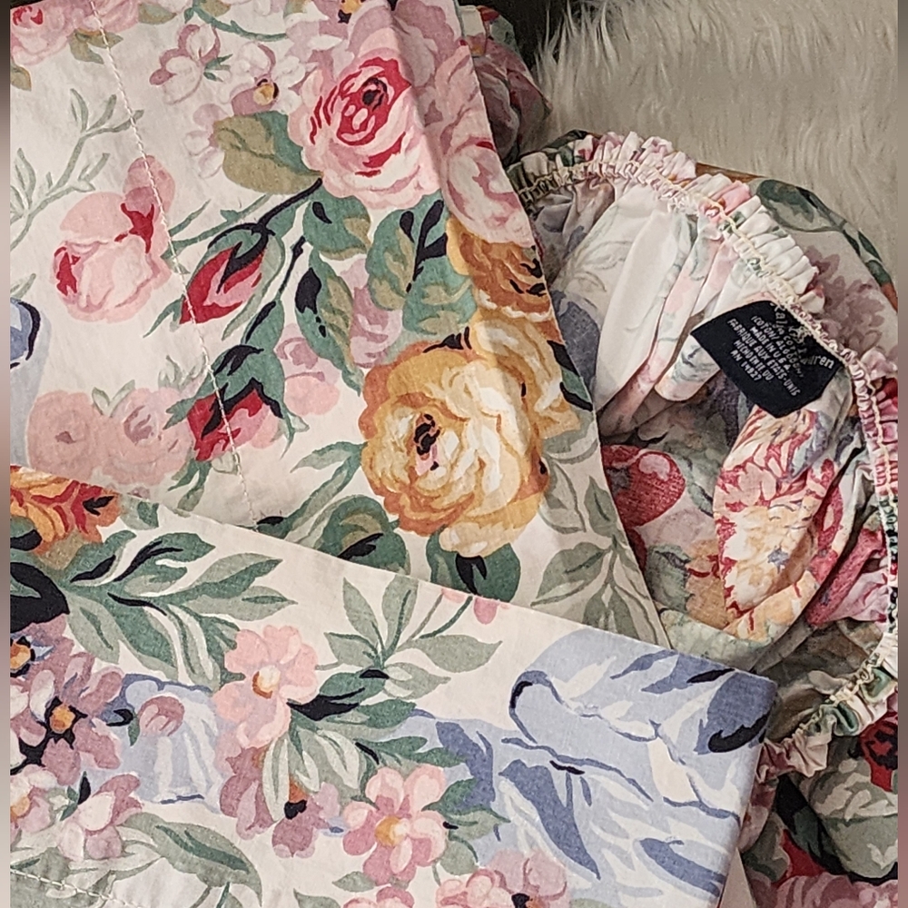 Vintage Ralph Lauren Allison Full Size Sheet Set Flat, Fitted, 2 Cases EUC